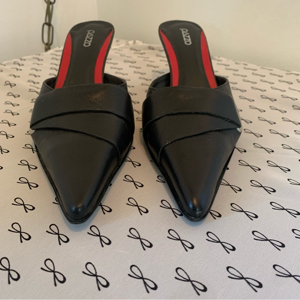 Pazzo Black Leather Kitten Heel Mules - Picture 3 of 11